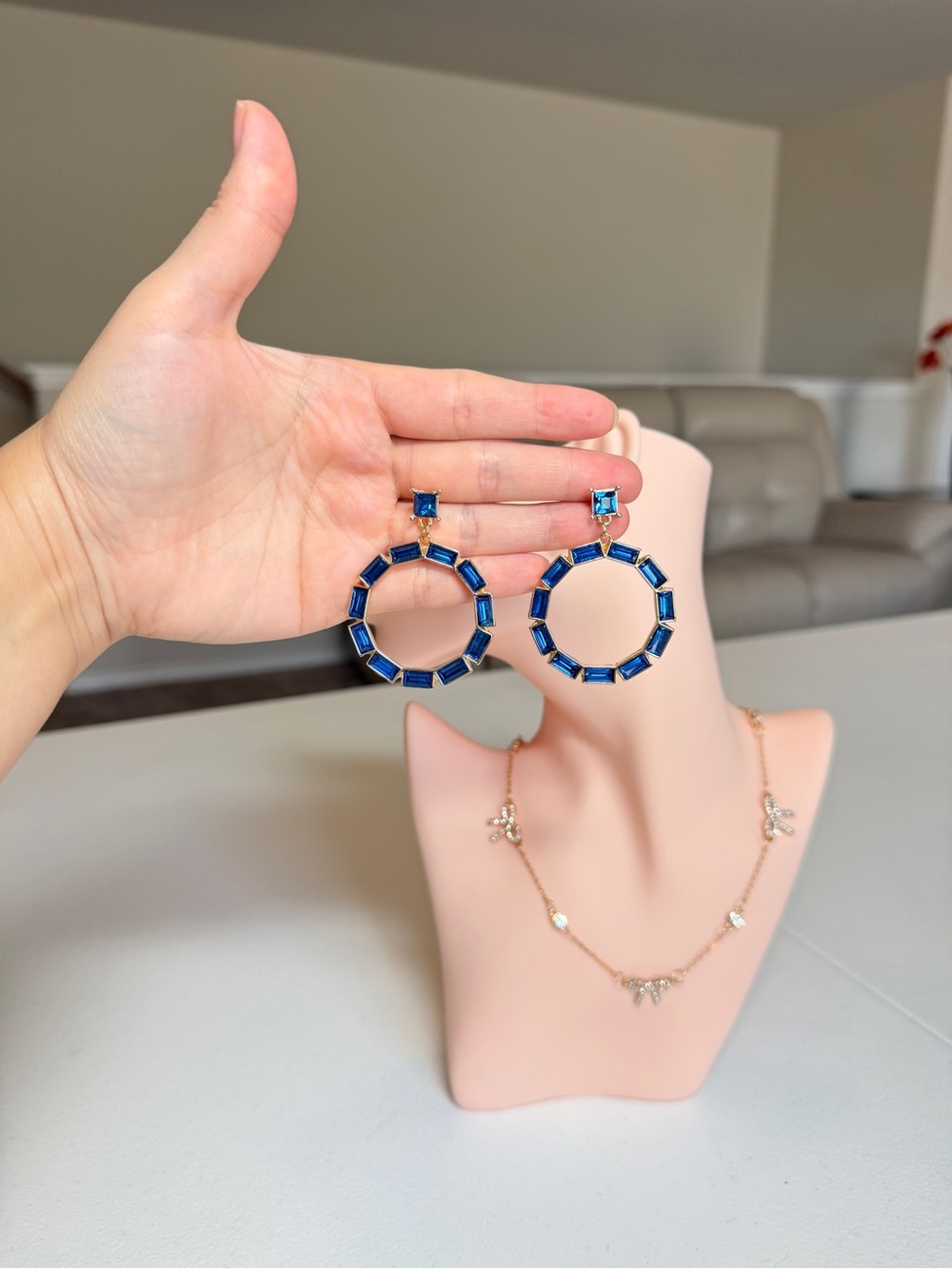 Gold-Tone Hoop Earrings with Blue Gemstones - Picture 11 of 13